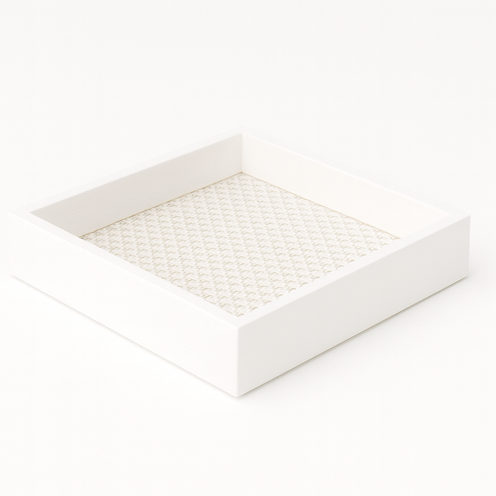 Savannah Wood/Rattan Square Tray - White
