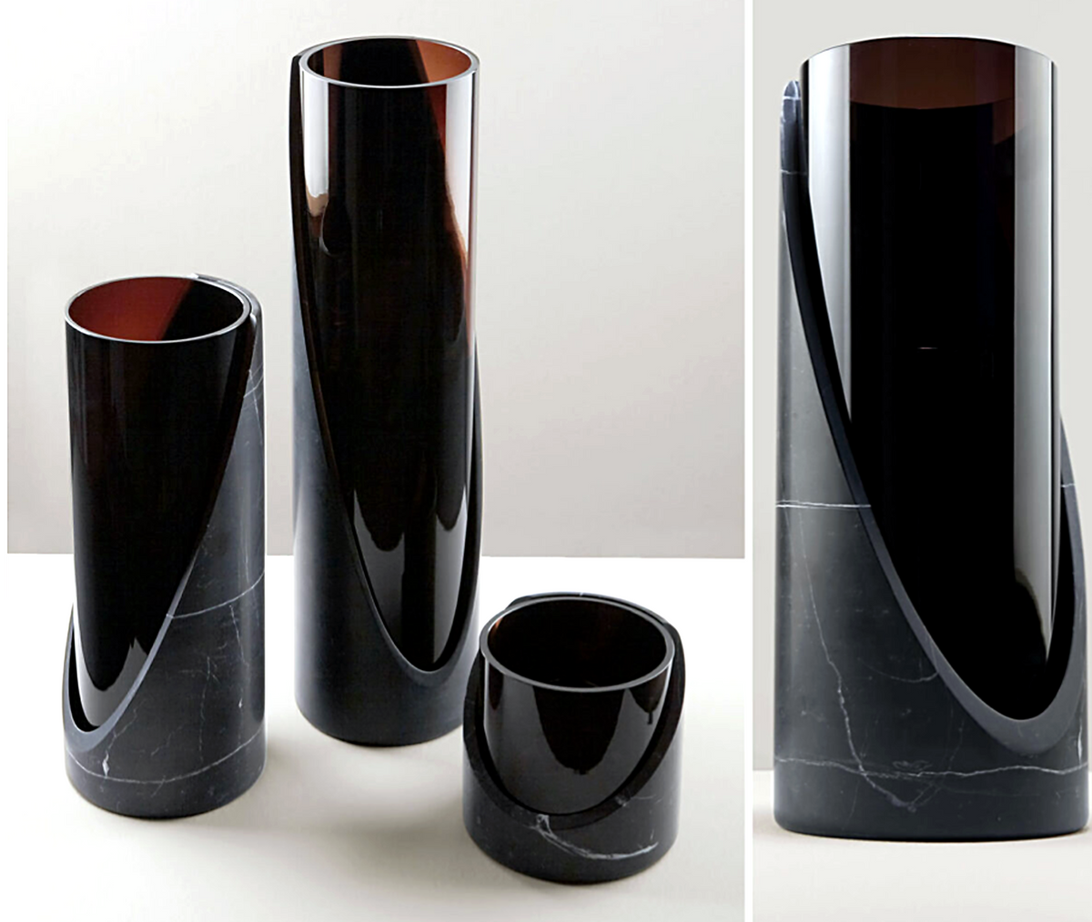 Bias Cut Black Marble Candle Holders