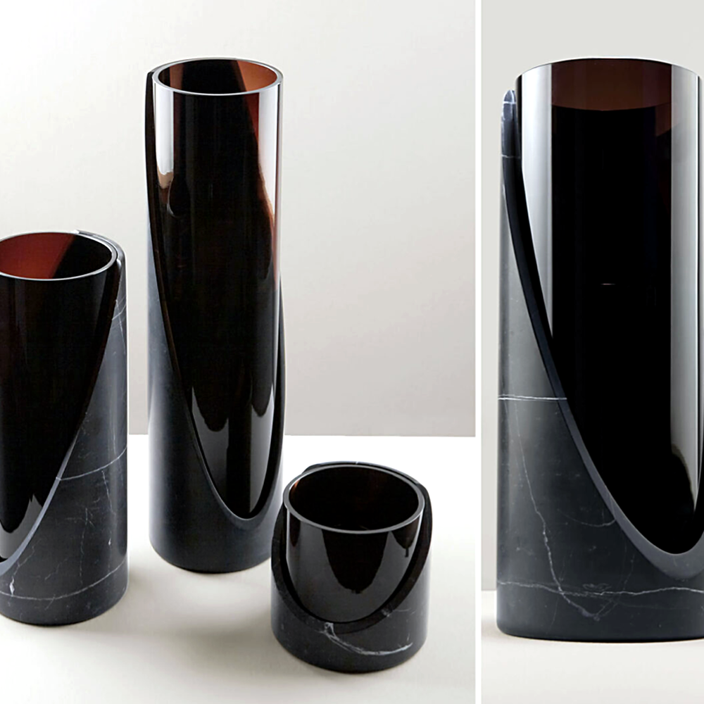 Bias Cut Black Marble Candle Holders