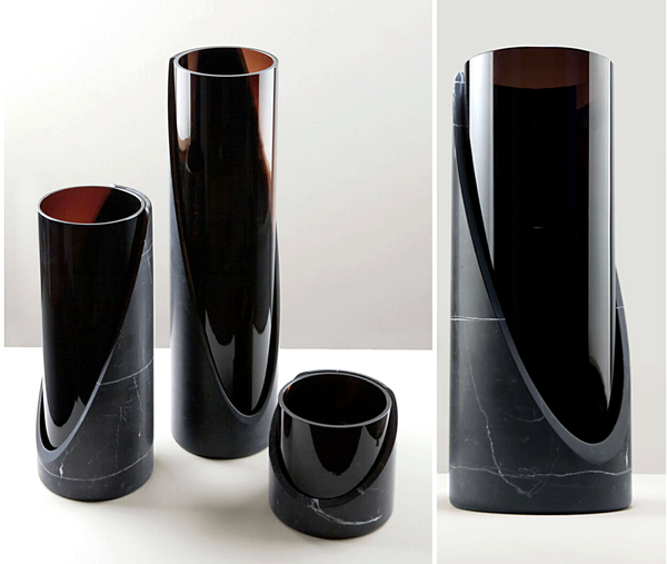 Bias Cut Black Marble Candle Holders