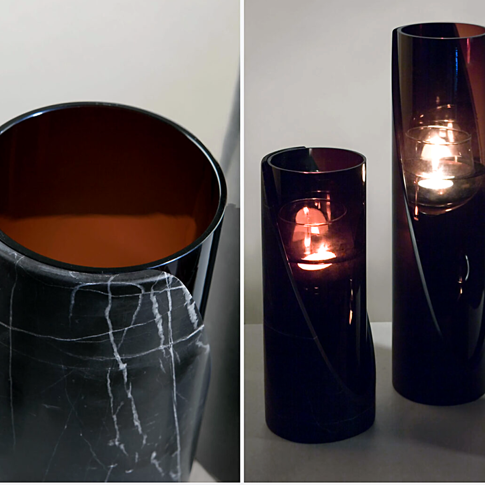 Bias Cut Black Marble Candle Holders