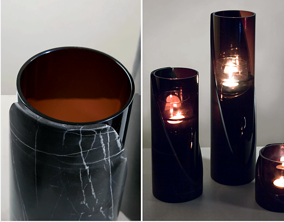 Bias Cut Black Marble Candle Holders